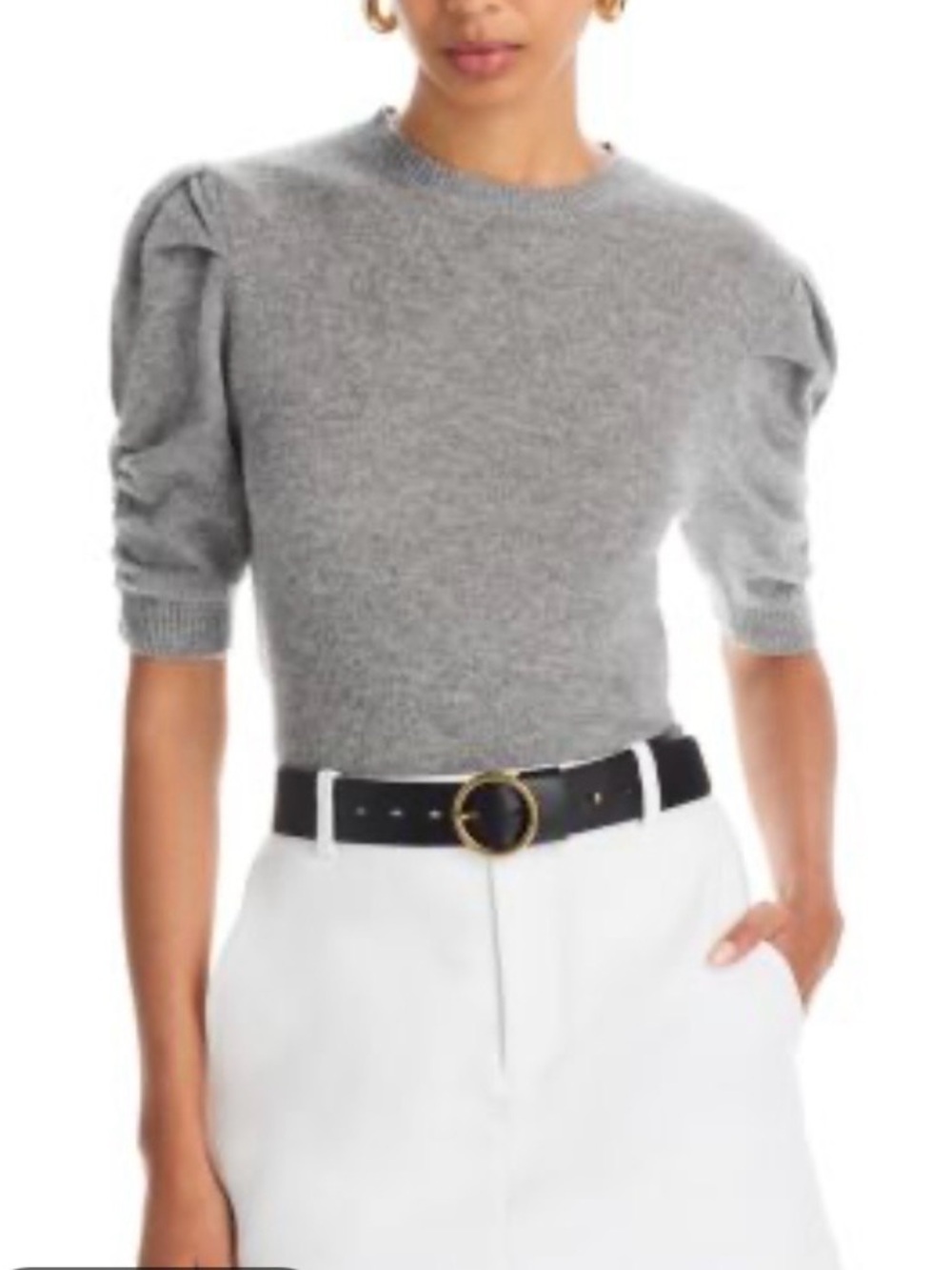 Frame Frankie 100% Cashmere Ruched Puff Sleeve Sweater Gray Short Sleeve Small